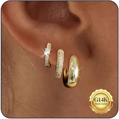 Gold Hoop Earrings Set for Women - 14K Gold Plated Small Hoops, Chunky Thick Earrings, Trendy Huggie Hoops