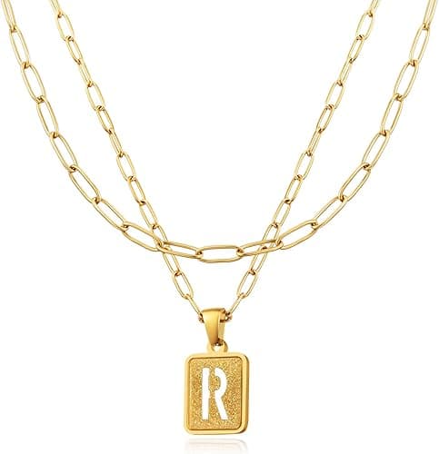 LETFLY Layered Initial Necklaces for Women, 18K Gold Plated Square Shaped Letter Pendant with Adjustable Layering Paperclip Chain for Women, Alphabets from A-Z Necklace Jewelry Gifts