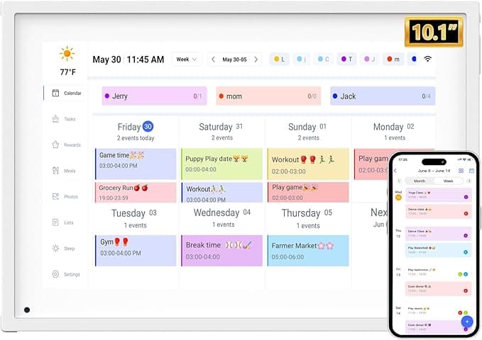 10.1 inch Smart Digital Calendar with Chore Charts, Family Schedules & Meal Planner, Featuring HD Touchscreen, Auto-Rotate Display, Built-in Digital Picture Frame and Free App Photo/Video Sharing