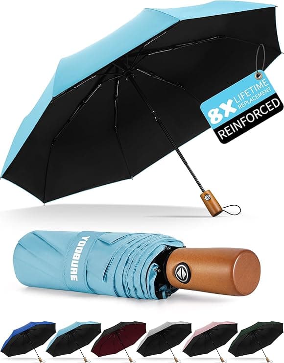 Yoobure Windproof Travel Umbrella with Wood Handle - Automatic Umbrellas for Rain & UV Sun Protection, Compact 46" Large Canopy, Lightweight Backpack Portable for Walking & Outdoor
