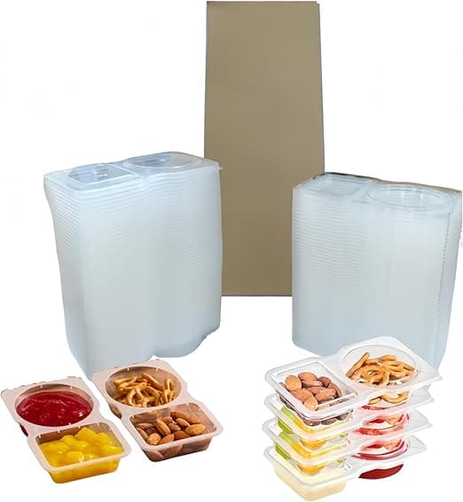 50-Pack Snack Containers with Lids, Disposable Double Compartment Sauce Cups, Portable Plastic Boxes for Snacks, Dips, Meal Prep, Portion Control, School, Office, Camping & Travel