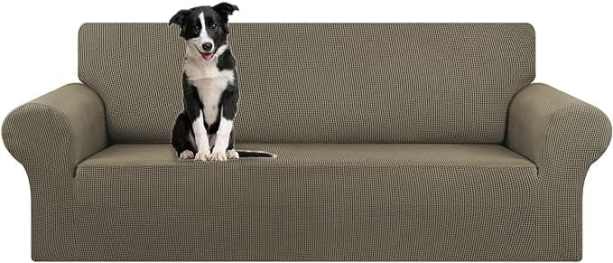 KEKUOU Stretch Oversized Sofa Slipcover 1 Piece Couch Sofa Cover (94"-110") Furniture Protector 4 Seater Sofa with Elastic Bottom for Kids,Pet.Jacquard Checked Pattern Fabric(X Large,Khaki)