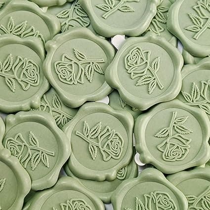50 Pcs Adhesive Green Rose Wax Seal Stickers, Adhesive and Easy to Use Green Rose Envelope Stickers, Rose Seal for Wedding Invitation or Envelopes, Scrapbooking