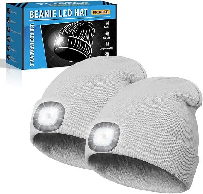 Christmas Stocking Stuffers for Men Adults, Beanie Hats with Light, USB Rechargeable LED Hand Free Headlamp, Birthday Gifts for Men, Women, and Teens, Ideal for Camping, Hiking, 2 Pack, Grey