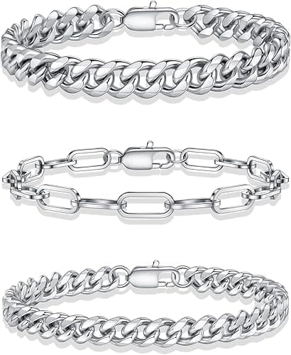 Yoosteel Bracelets for Men - Silver Stackable Mens Stainless Steel Bracelet Rope Figaro Paperclip Cuban Link Chain Bracelets Set Non Tarnish for Men Jewelry Dad Gifts 7.5/8.3/9.0 Inches