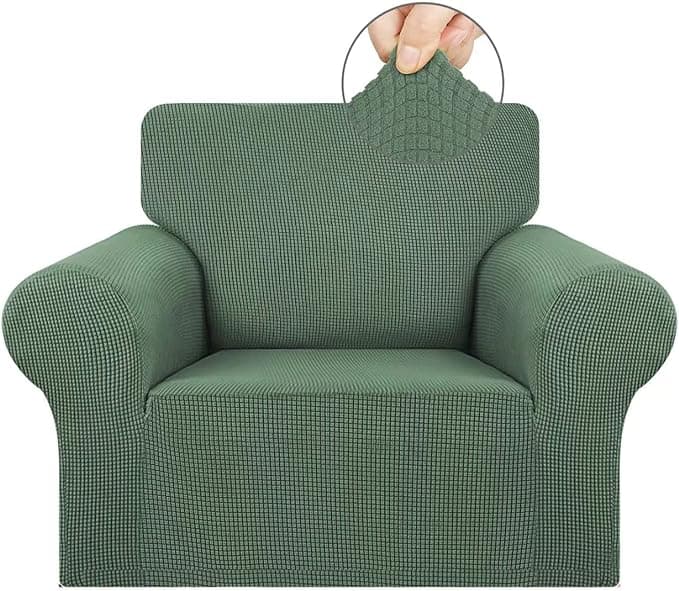 KEKUOU Stretch Single Sofa Slipcover 1 Piece Couch Sofa Cover (31"-55") Furniture Protector 1 Seater Sofa with Elastic Bottom for Kids,Pet.Jacquard Small Checked Pattern Fabric(Small,Greyish Green)