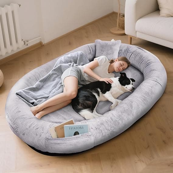FURRYFECTION Human Dog Bed 71" x 45" x 14", Human-Sized Large Dog Bed Fits Adults and Pets, Washable Faux Fur Cover Giant Beanbag Bed, Napping Orthopedic Beds with Blanket and Pillow, Grey