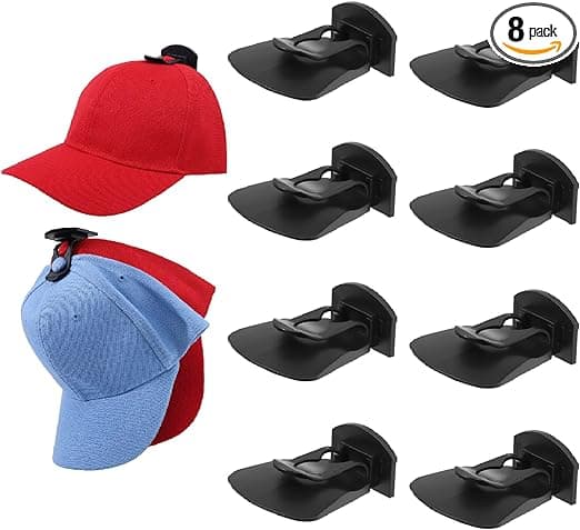 Adhesive Hat Hooks for Wall, 8 Pack Hat Racks for Baseball Caps Hold Up to 16 Hats Hat Holder Organizer Hat Hangers Display for Wall, Closet, Door