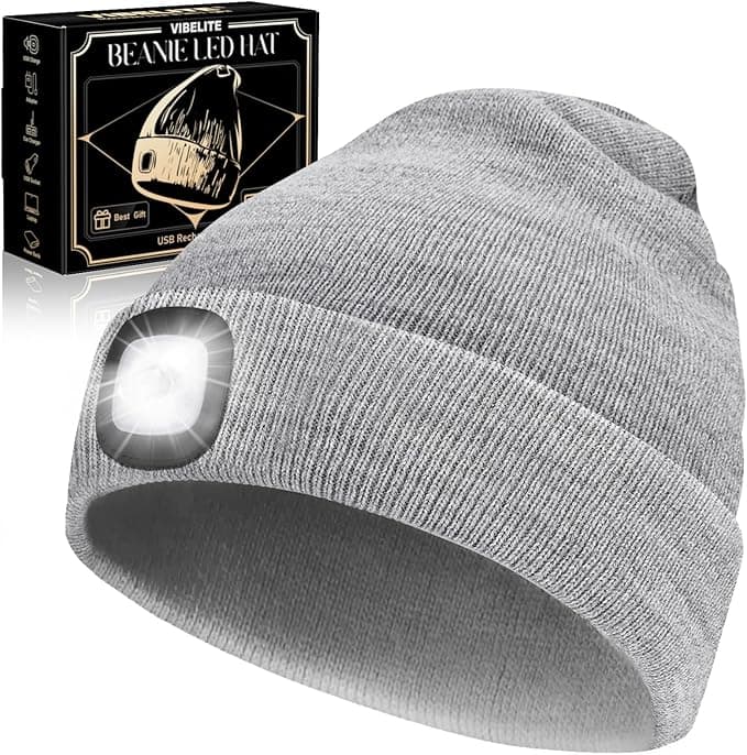 VIBELITE LED Beanie Hat with Light, USB Rechargeable LED Headlamp, Christmas Gifts for Men, Stocking Stuffers for Dad, Husband, Father, Grey