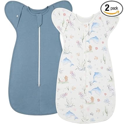 2-Pack Arms Up Swaddle 0-3 Months - Newborn Swaddle Sack for Baby Boys Girls, Baby Transitional Swaddles for Newborn, Cuff Removable & 2-Way Zipper, Blue Dolphin Breathable Sleep Sacks