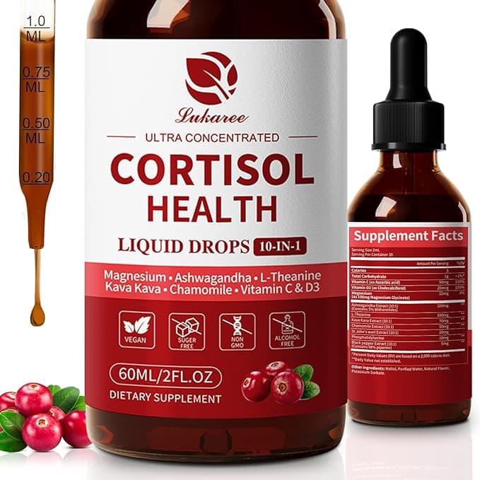 Cortisol Supplement Liquid Drops, 10 in 1 Hormone Balance for Women Men with Magnesium, Ashwagandha, L-theanine, Kava Kava - Lower Cortisol, Mood, Focus, Sleep Support - 2 FL.OZ, Cranberry Flavor