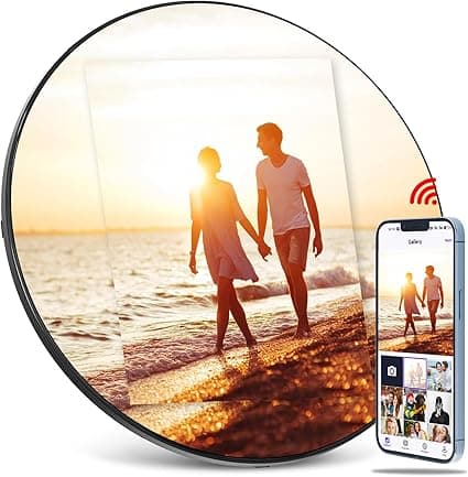 Digital Mirror Picture Frame, Touch Screen Smart WiFi Round Photo Frame Electronic, 32GB Storage, Share Photos and Video with App, Circle Vanity Mirror for Desk, Wall, Room Decor