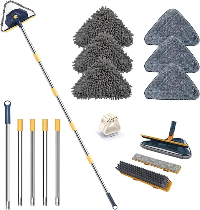 Wall Cleaner Mop with Long Handle, 5-in-1 Wall Cleaning Dust Mop with 6 Replacement Chenille Microfiber Pads, Squeegee, Scrubber, Duster Cleaning Tools for Wall, Window, Floor, Ceiling
