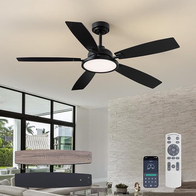 52 Inch Ceiling Fans with Lights, Black Ceiling Fan with Light and Remote/App, 2 Downrods, Noiseless DC Copper Motor, 3CCT, Modern Ceiling Fan for Indoor Outdoor, Bedroom, Living Room, Patio