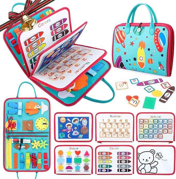 Busy Board for Toddlers 2-4, Montessori Travel Toy for Plane/Car, Educational Sensory Toy for Toddlers 1-3, Preschool Activities Board for Developing Fine Motor Skills, Gift for Boys Girls