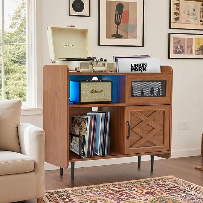 Modern Vinyl Record Player Stand with Built-in Charging Hub & RGB Lighting – Holds 200+ Albums, 34" L x 15" W x 31.5" H Audio-Visual Storage Cabinet for Living Room, Home Office