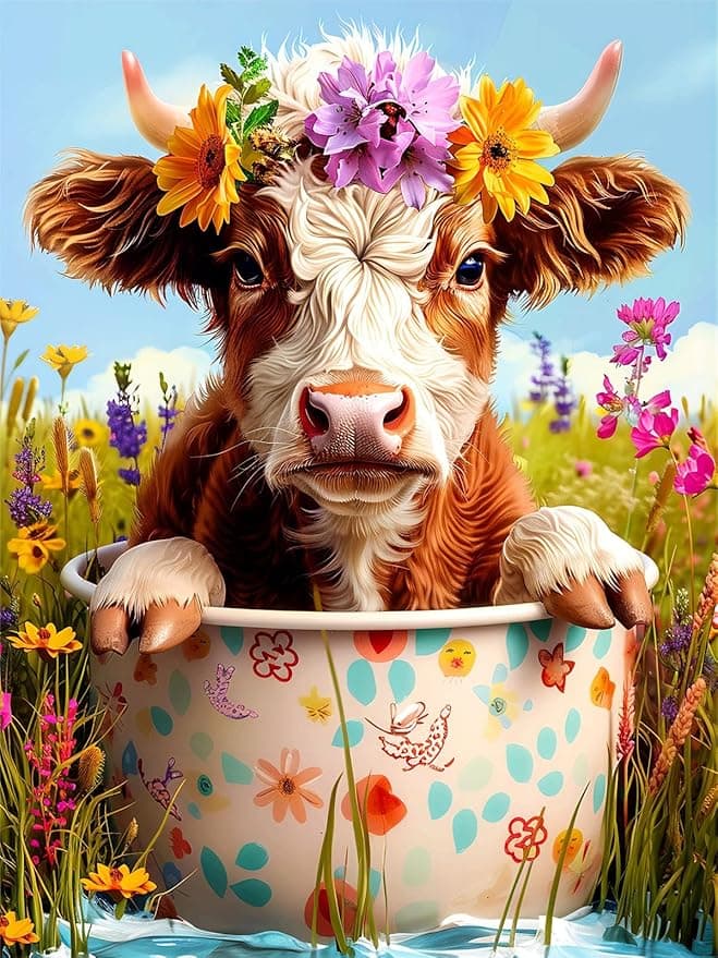 SuanFA Diamond Art Painting Kit -Cow with Flower Crown in Floral Field, Animal Diamond Art Kits for Adults, DIY Cow Gem Art Painting Kit Decor for Bedroom, Living Room 12x16in
