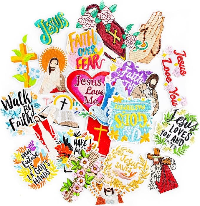 24Pcs Iron On Patches, Christian Religious Press/Sew On Fabric Patch with Bible Verse and Design, Embroidered Iron-on Patches Applique for Hat, Jeans, Shirt, Jacket, Bible Cover Case Decoration