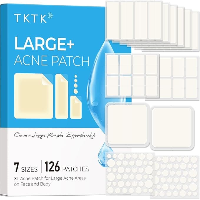 TKTK XL Pimple Patches 126 Count in 7 Sizes for Face Back Chest Body Extra-Strong Hydrocolloid for Fast Acne Relief